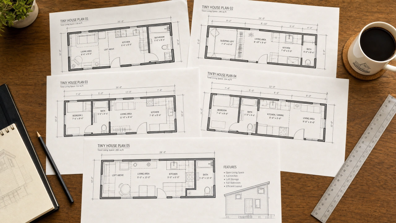 Professional tiny house floor plan blueprints spread on a drafting table