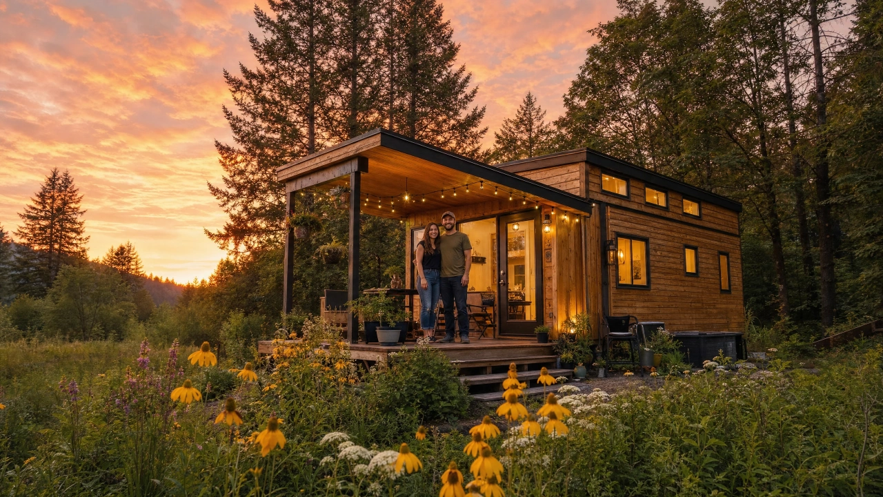 Beautiful custom tiny house at sunset with happy couple on the porch