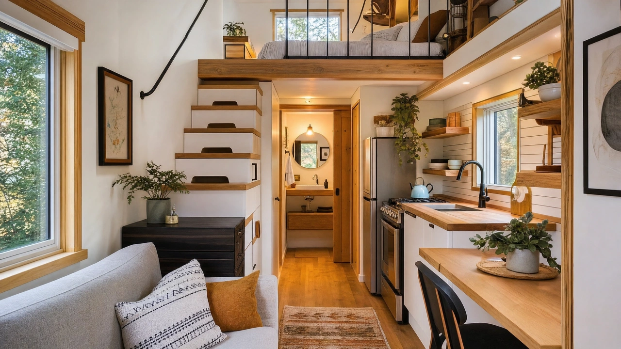 Stunning tiny house interior with loft, kitchen, and clever storage