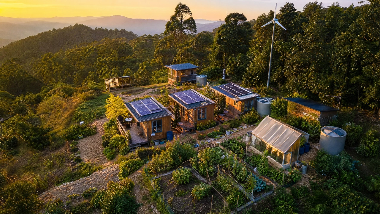 Aerial view of off-grid tiny house community with solar panels and vegetable garden