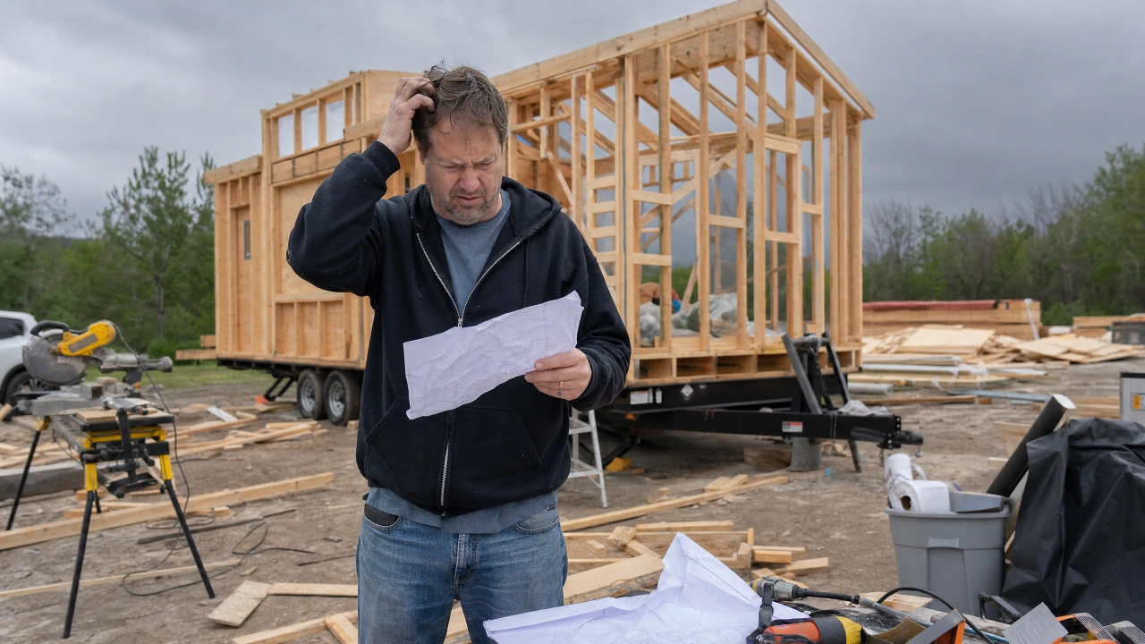 Frustrated builder with confusing plans at a tiny house construction site