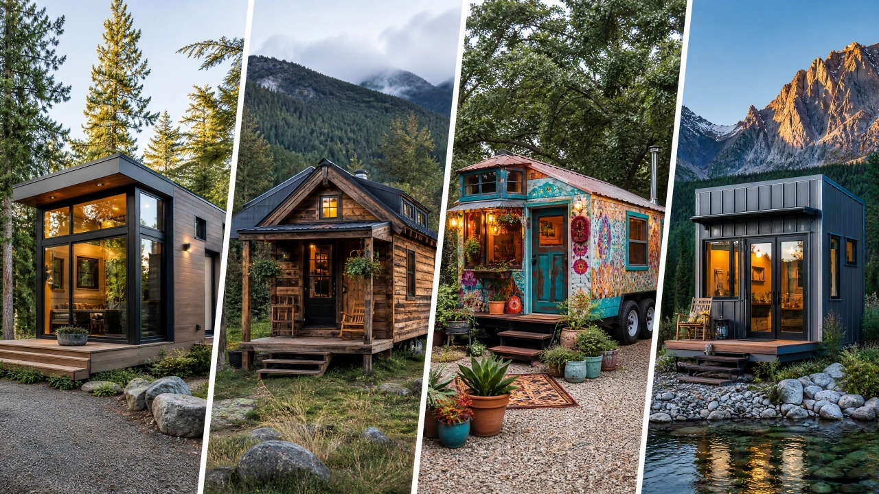 Four different tiny house styles — modern, rustic, bohemian, and contemporary