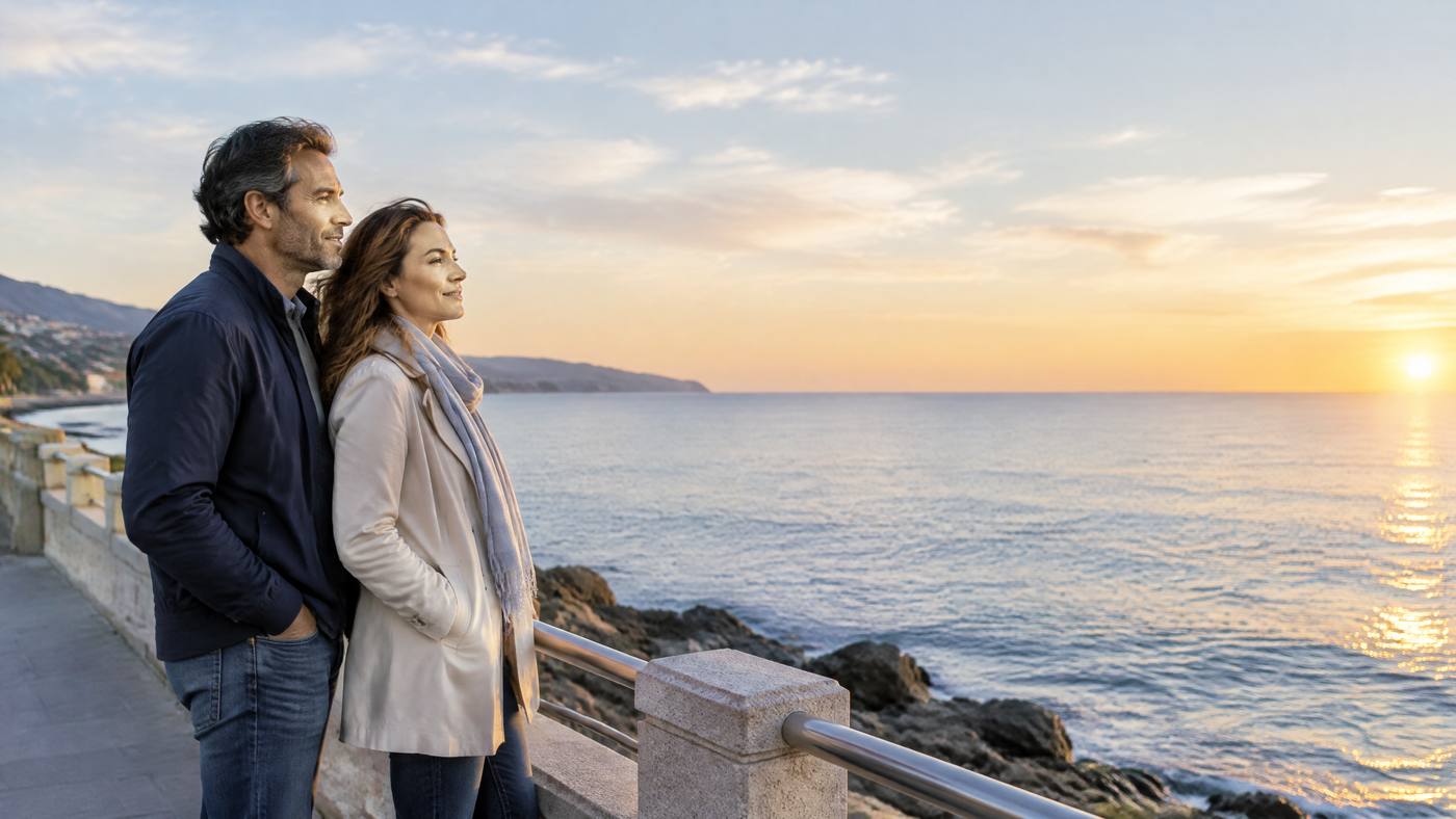 Adults looking toward the sea at sunset.