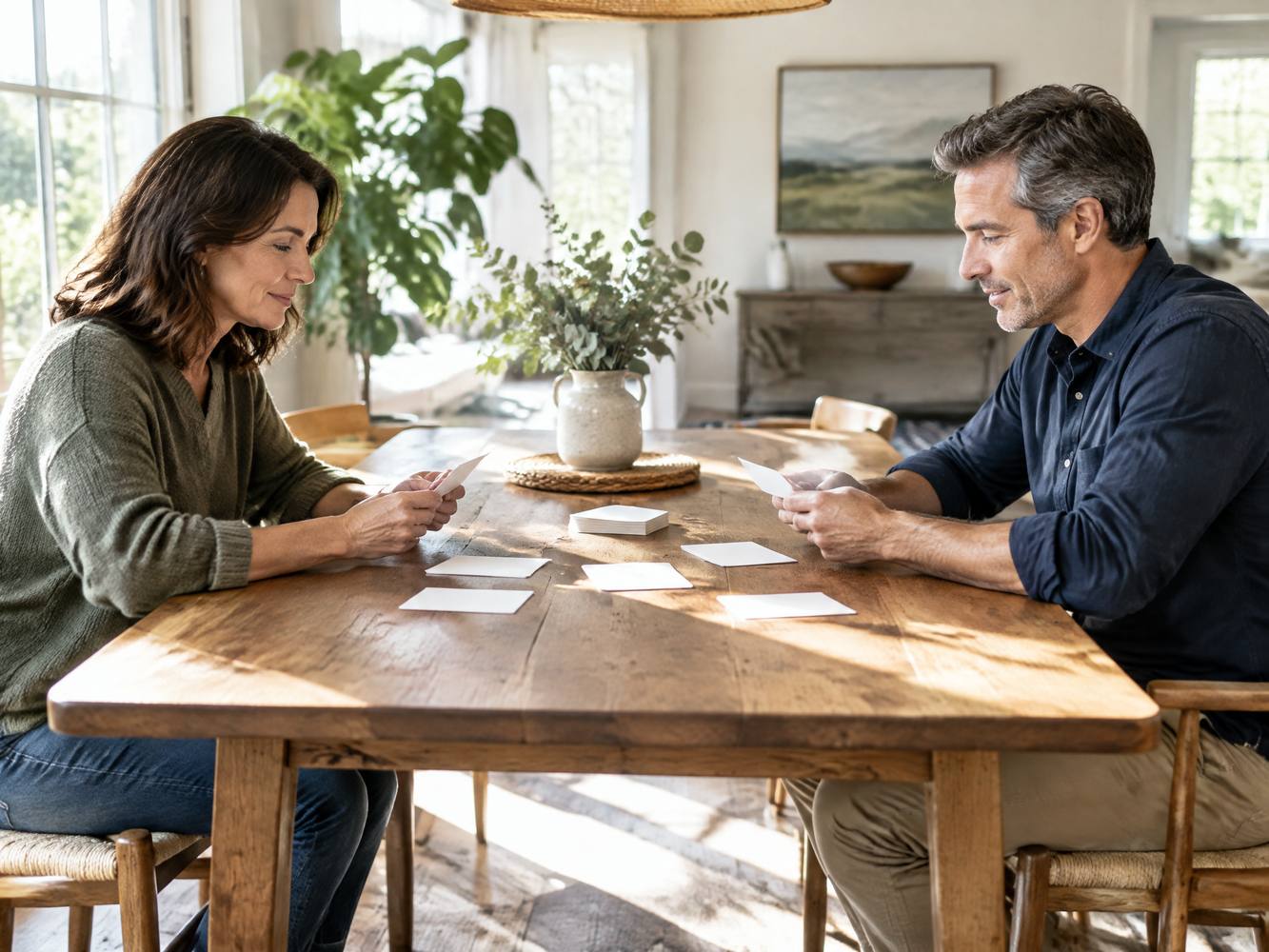 Adults reviewing blank note cards at a dining table.