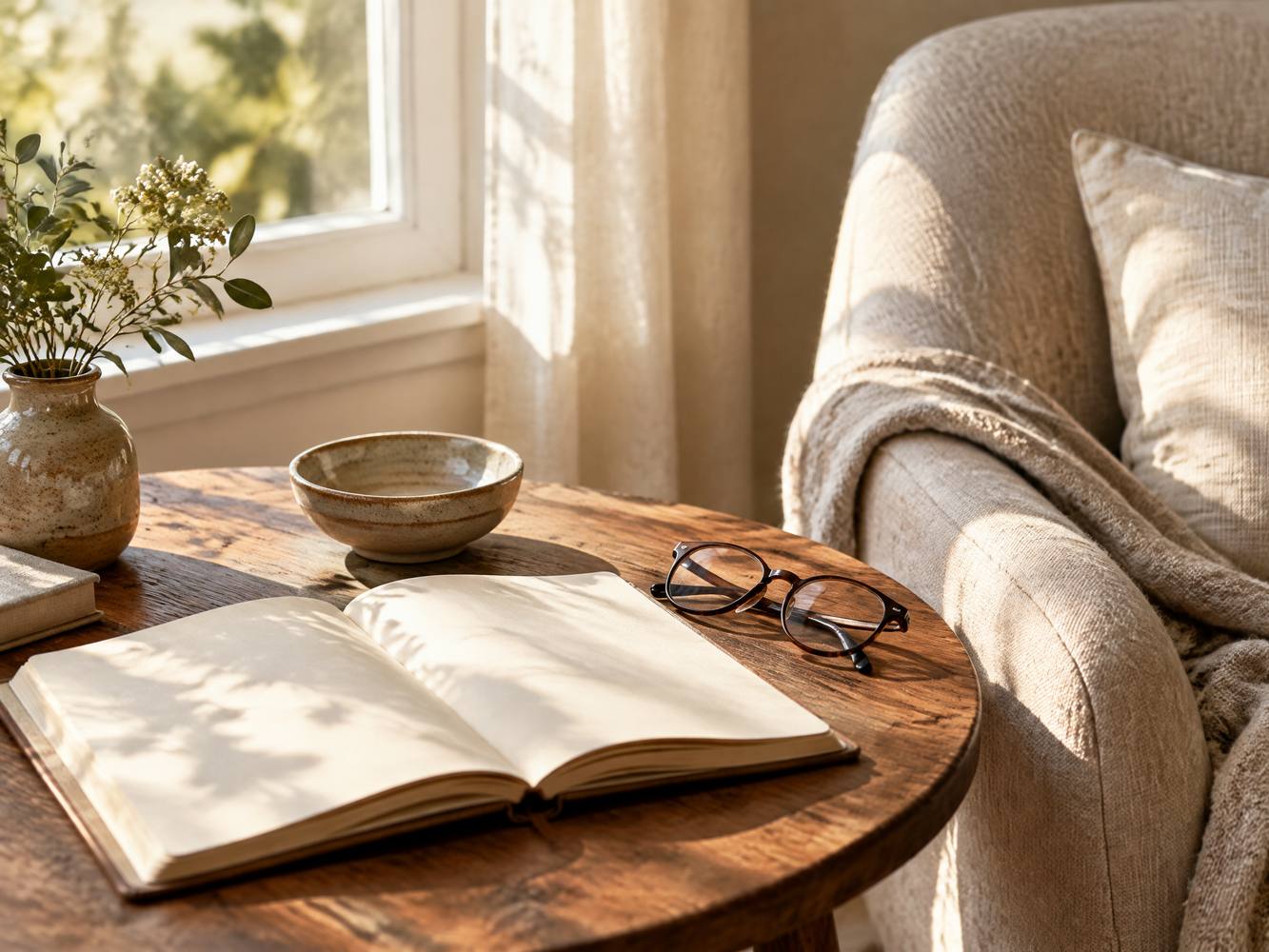 Open journal and reading glasses in a sunlit room.